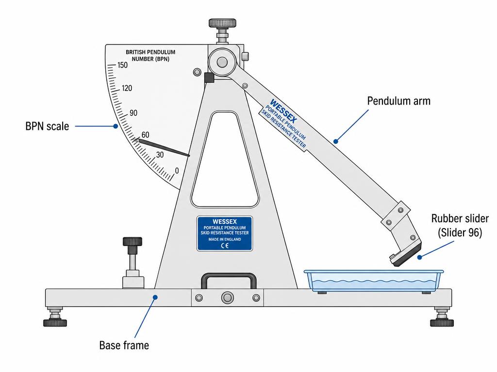 Diagram of a British portable pendulum skid resistance tester showing the pendulum arm, rubber slider, BPN scale and base frame